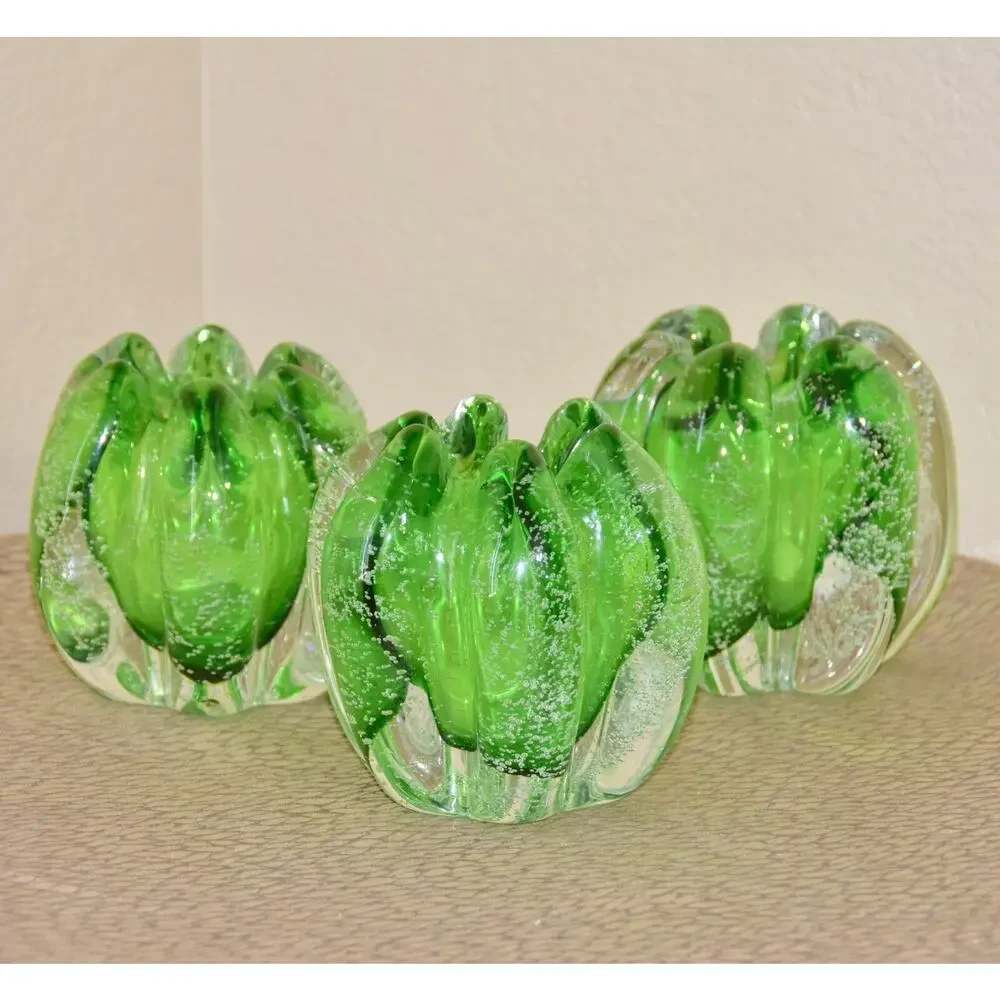 Tozai Hand Blown Murano Bubbles Green Glass Orb Vases - Set of 4
